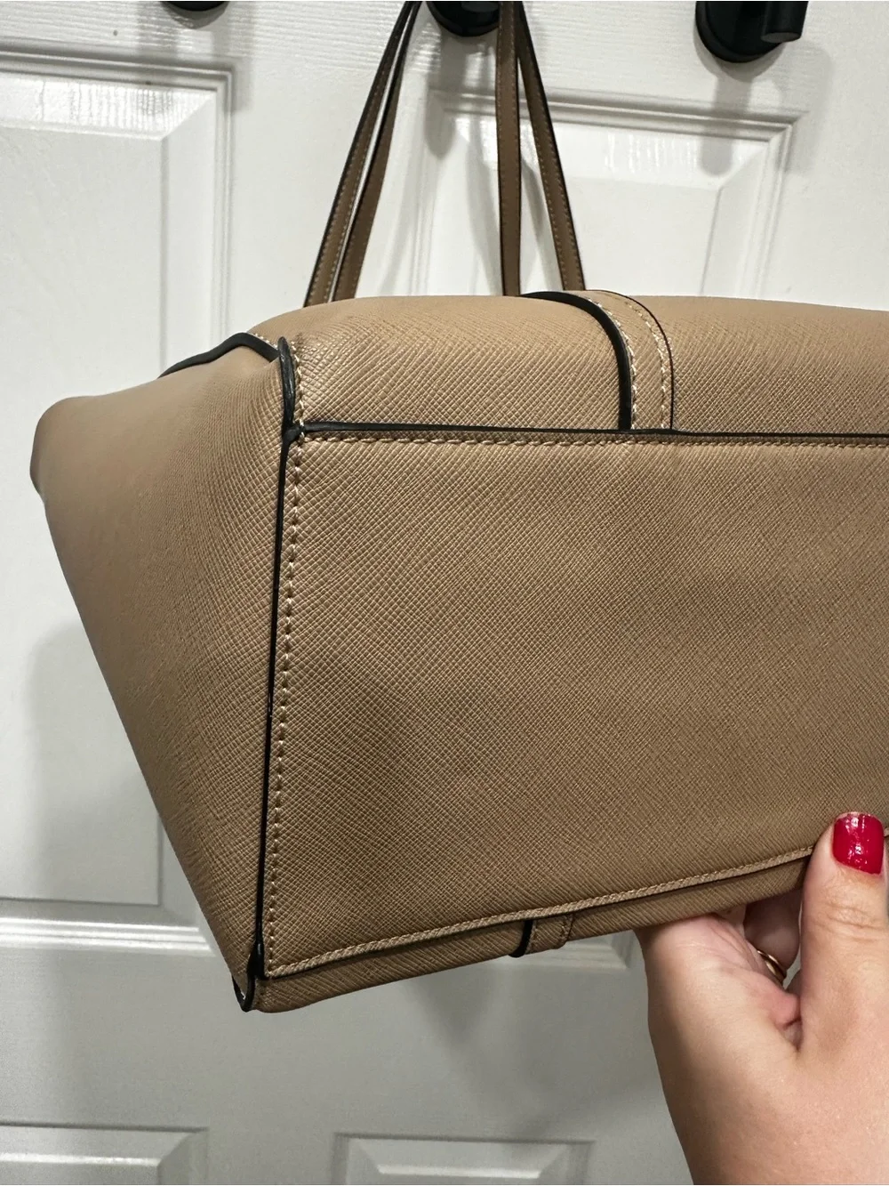 Classic Taupe Faux Leather Tote Bag with Turn-Lock Detail